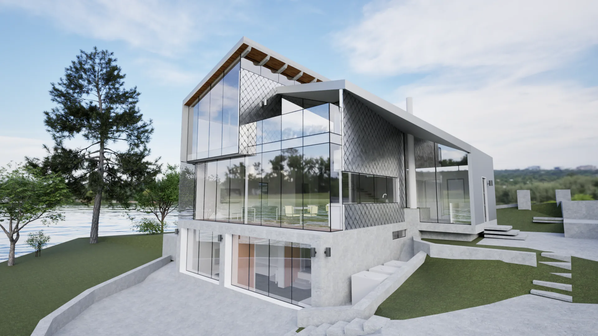 Architectural visualization of a stone neighborhood home in its wooded setting
