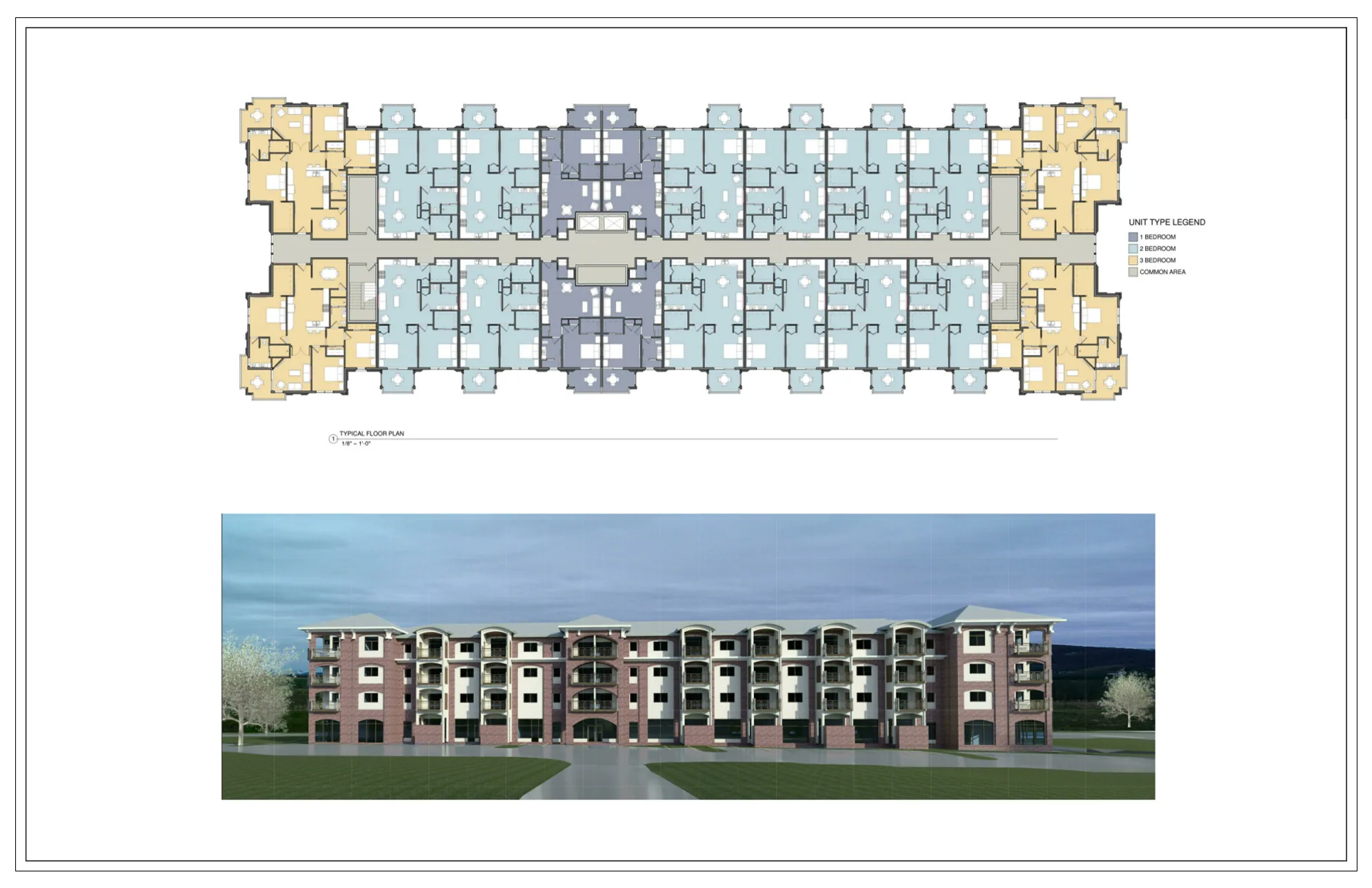 Multifamily architectural presentation with exterior and building studies